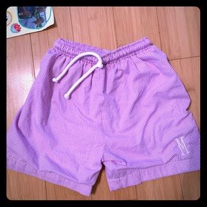 Size 3T boys purple gingham trunks with M initial